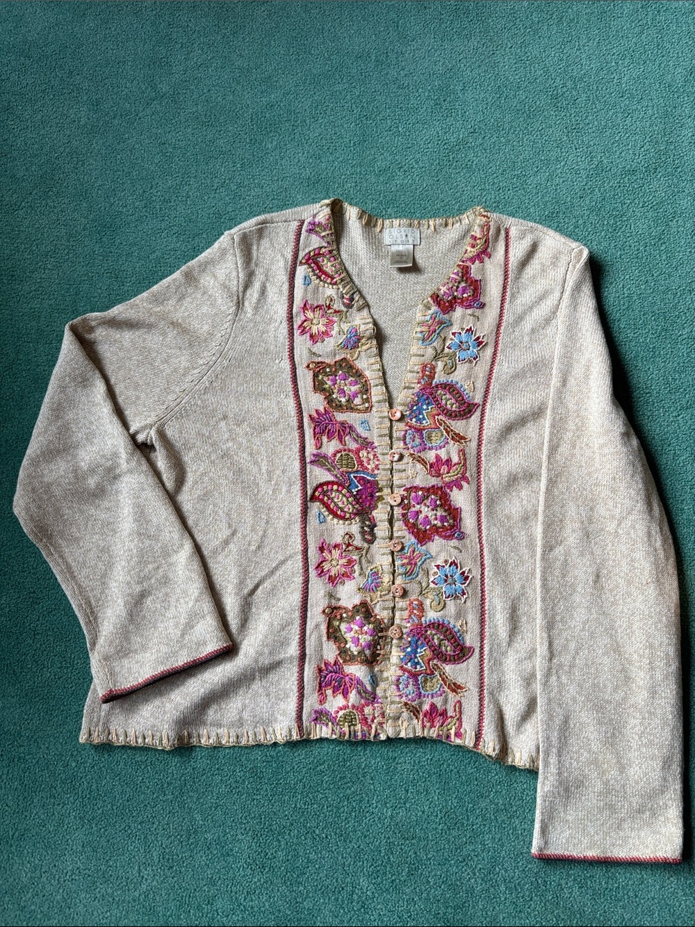 Embroidered silk cotton cottagecore folk Women's Cardigan knit Sweater Large P